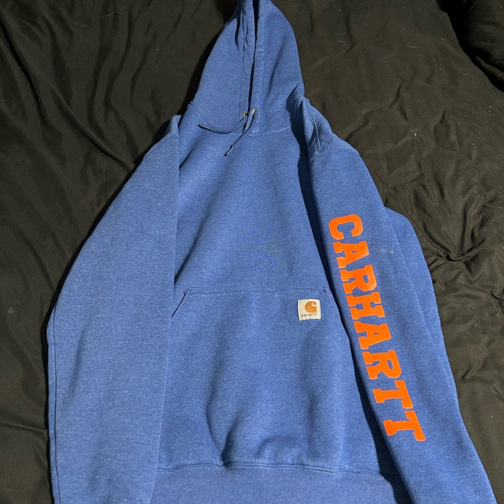 Carhartt Men's Blue Hoodie with Orange Logo